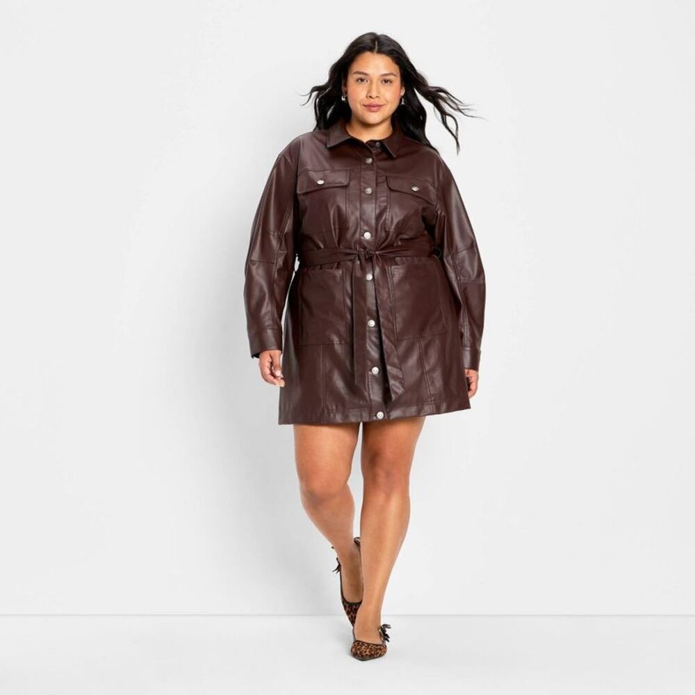Women's Long Sleeve Faux Leather Mini Shirtdress - Future Collective Brown XXL